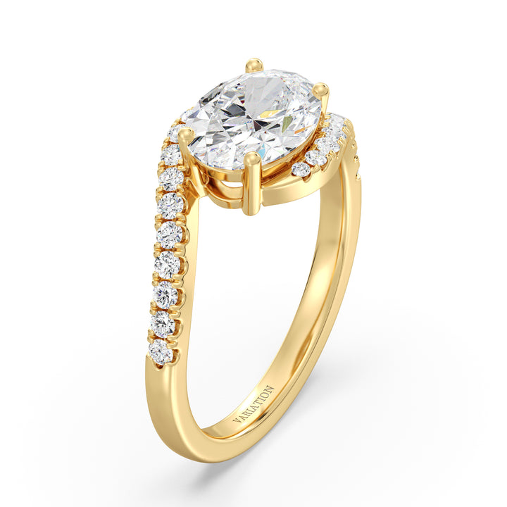 East to West Oval Diamond Bypass Ring with Pavé Accents in Yellow Gold
