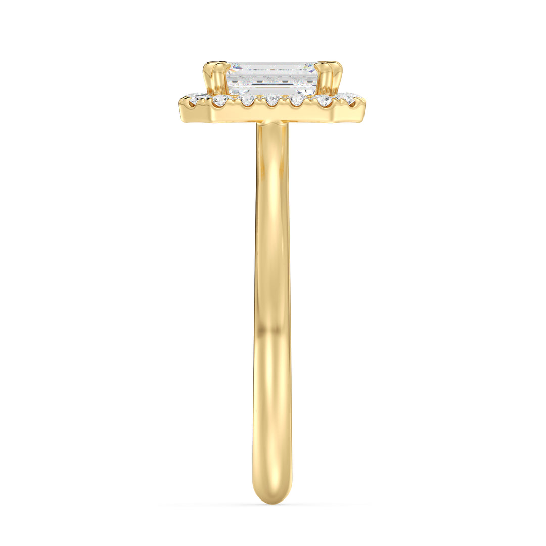 Elegant 1 Carat Emerald Cut Lab Grown Diamond Halo Ring with Scalloped Diamond Halo in 18K Yellow Gold