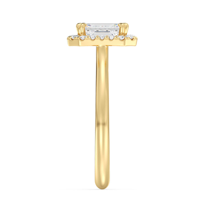 Elegant 1 Carat Emerald Cut Lab Grown Diamond Halo Ring with Scalloped Diamond Halo in 18K Yellow Gold