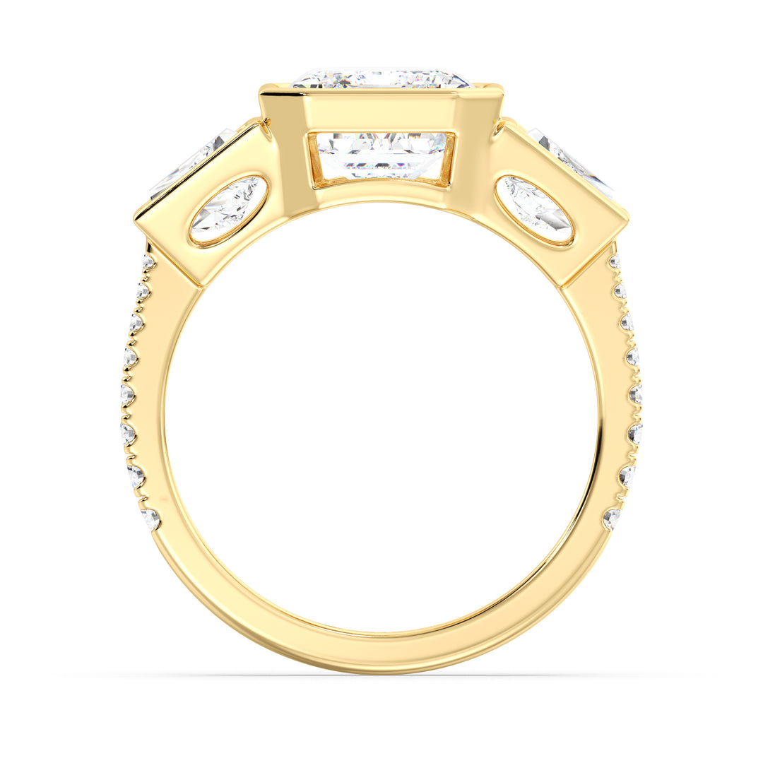Elegant Emerald Cut Diamond Ring with Architectural Three-Stone Design in Yellow Gold