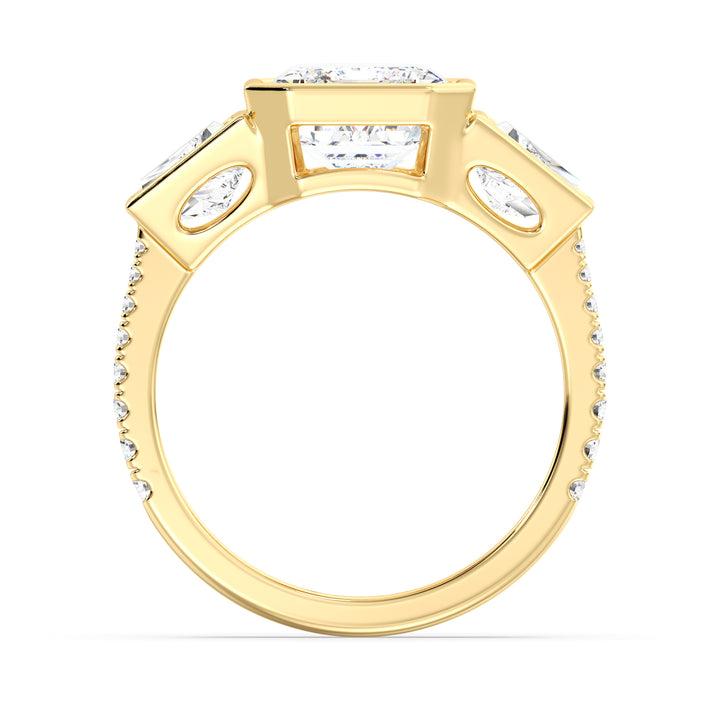 Elegant Emerald Cut Diamond Ring with Architectural Three-Stone Design in Yellow Gold