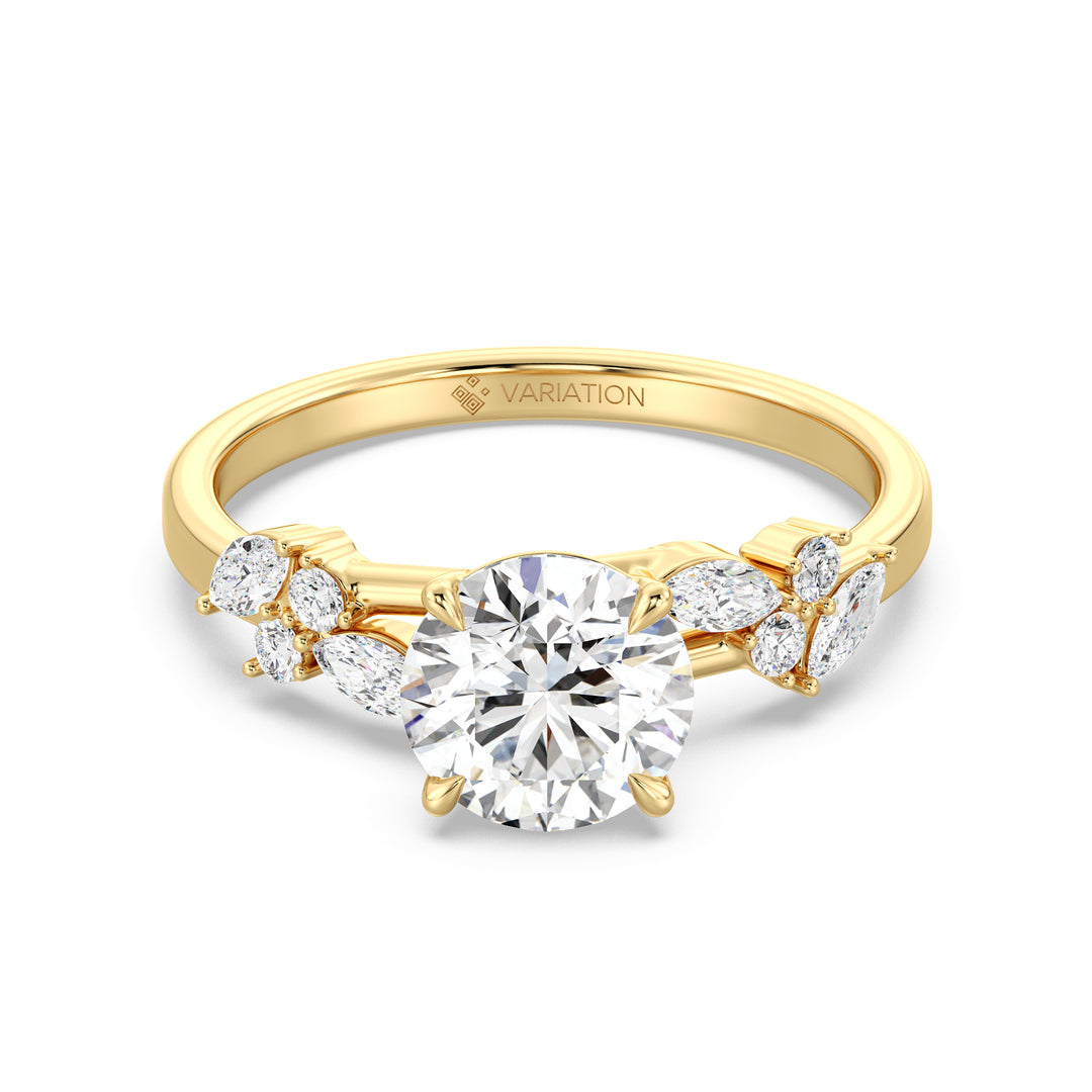 Elegant Round Brilliant Diamond Ring with Floral-Inspired Marquise Accents in Yellow Gold
