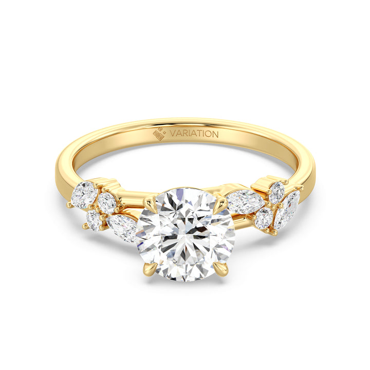 Elegant Round Brilliant Diamond Ring with Floral-Inspired Marquise Accents in Yellow Gold