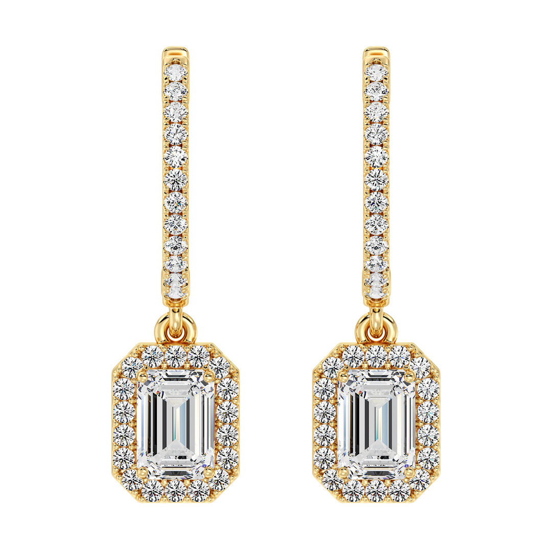 Emerald Cut and Round Diamond Halo Hoop Earrings in 18K Yellow Gold
