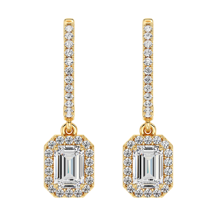 Emerald Cut and Round Diamond Halo Hoop Earrings in 18K Yellow Gold