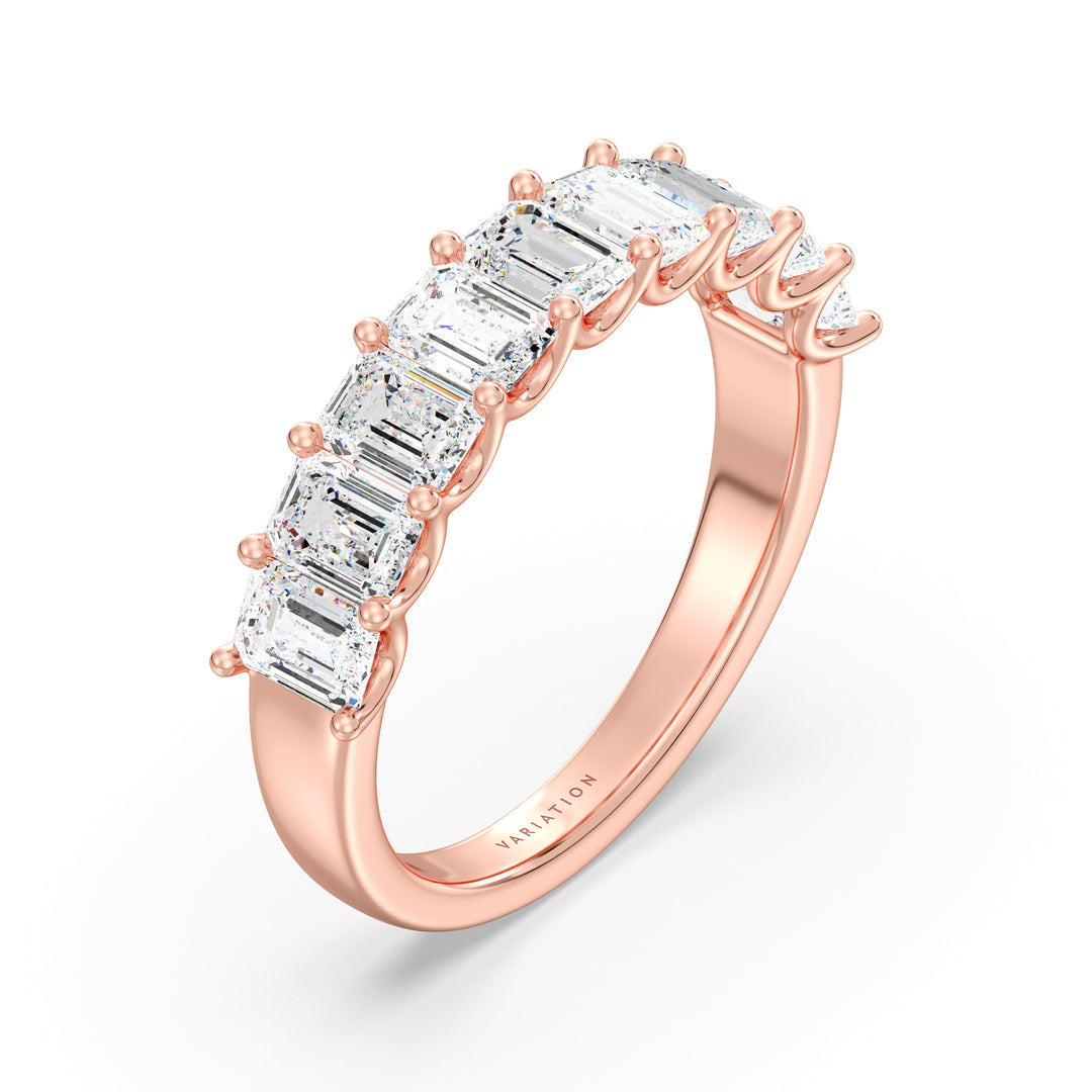 Emerald Cut Lab Grown Diamond 9 Stone Scalloped Half Eternity Wedding Band in 18K Rose Gold