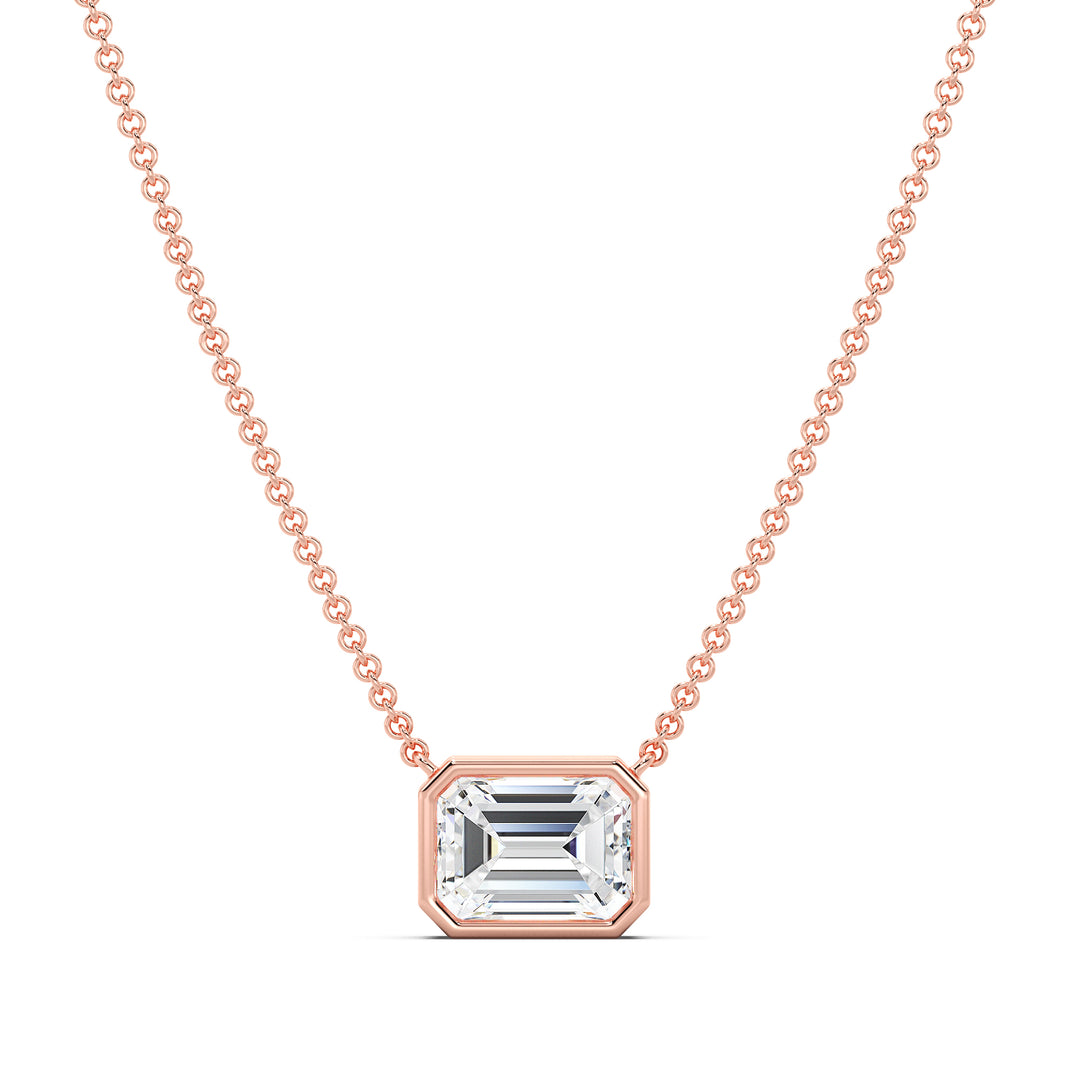 Emerald Cut Lab Grown Diamond Bezel Set Solitaire Pendant Necklace in 18K Rose Gold
