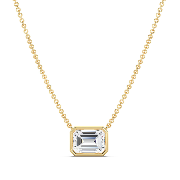 Emerald Cut Lab Grown Diamond Bezel Set Solitaire Pendant Necklace in 18K Yellow Gold