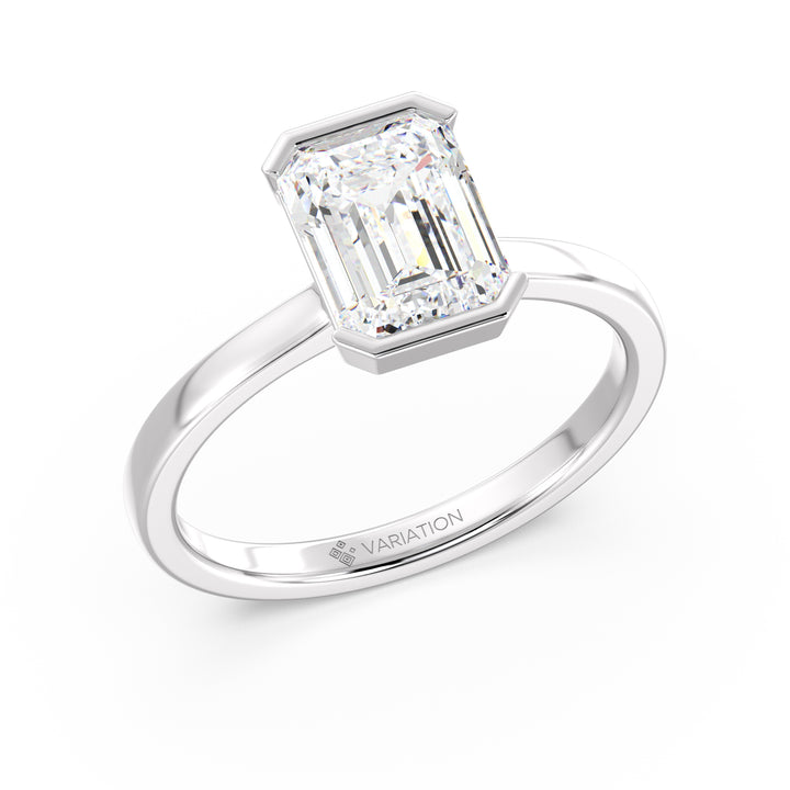 Emerald Cut Lab Grown Diamond Bezel Solitaire Ring in 18K White Gold