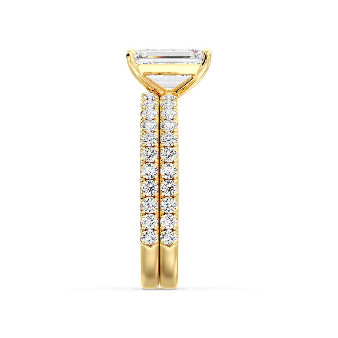 Emerald Cut Lab Grown Diamond Bridal Ring Set with Pavé Accents in Yellow Gold