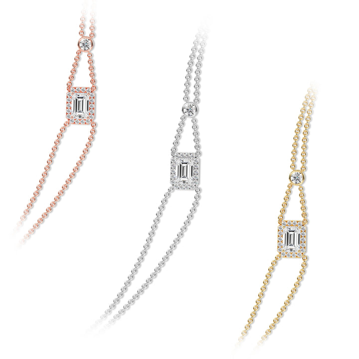 Emerald Cut Lab Grown Diamond Double Chain Halo Bracelet in Yellow Gold White Gold and Rose Gold