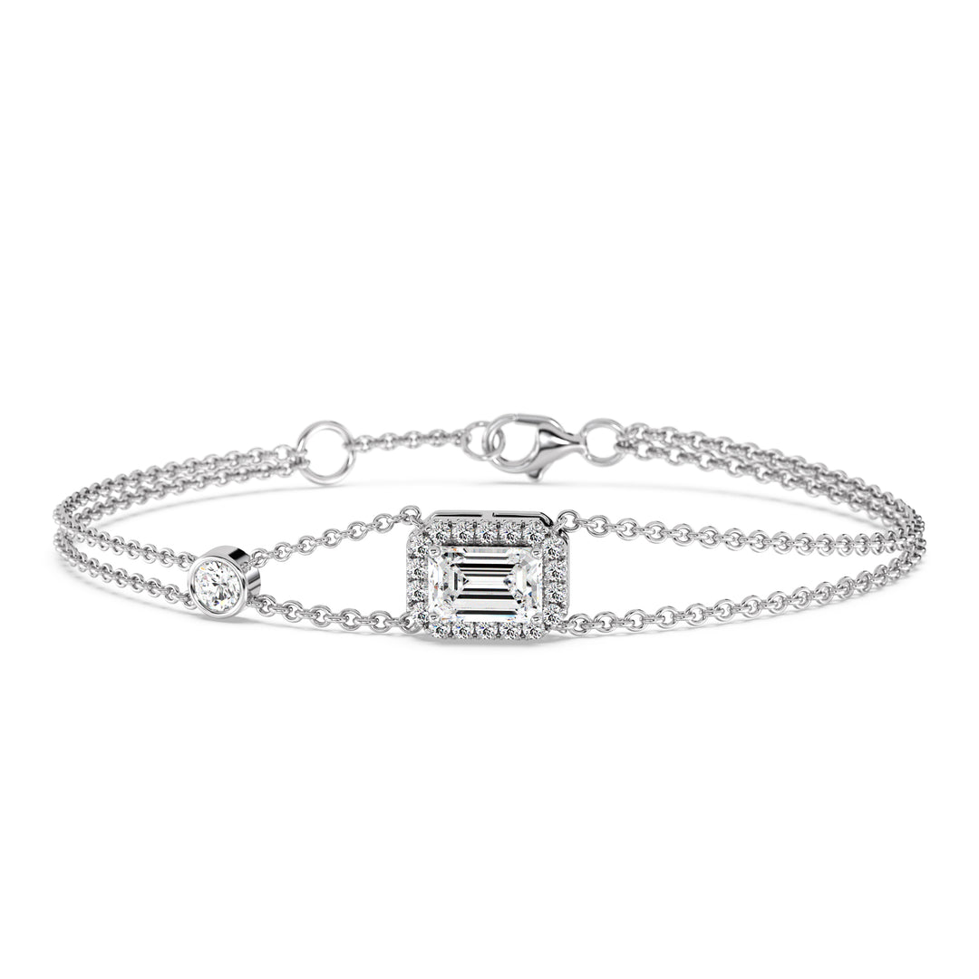 Emerald Cut Lab Grown Diamond Double Chain Halo Bracelet in 18K White Gold