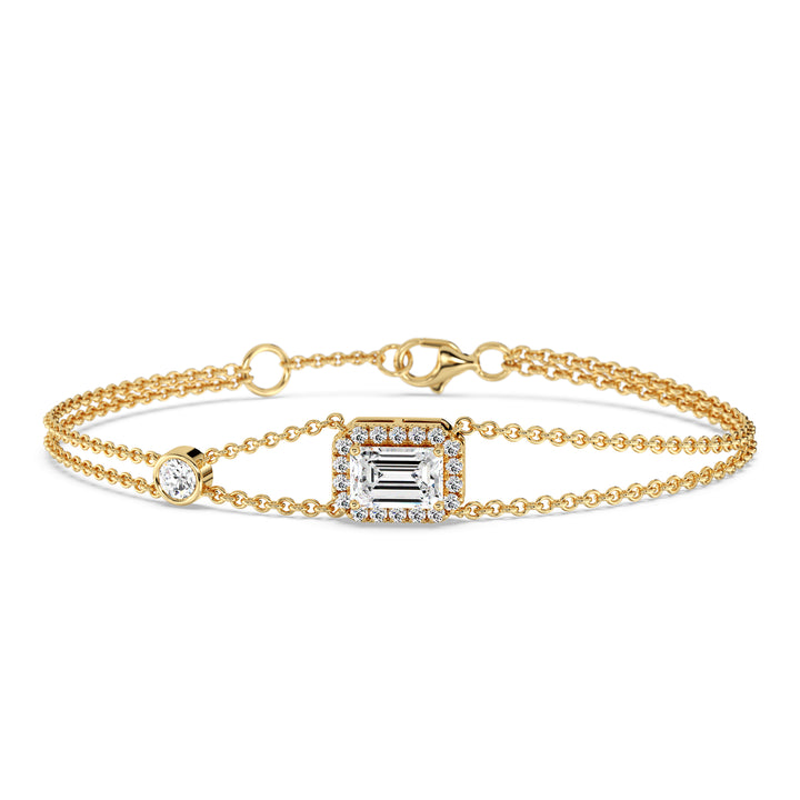 Emerald Cut Lab Grown Diamond Double Chain Halo Bracelet in 18K Yellow Gold
