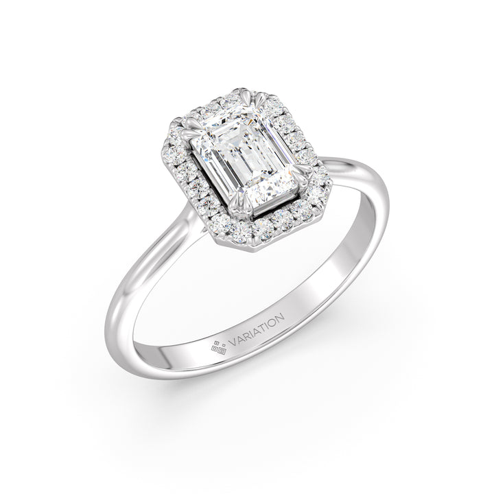Emerald Cut Lab Grown Diamond Halo Engagement Ring with Scalloped Halo in 18K White Gold
