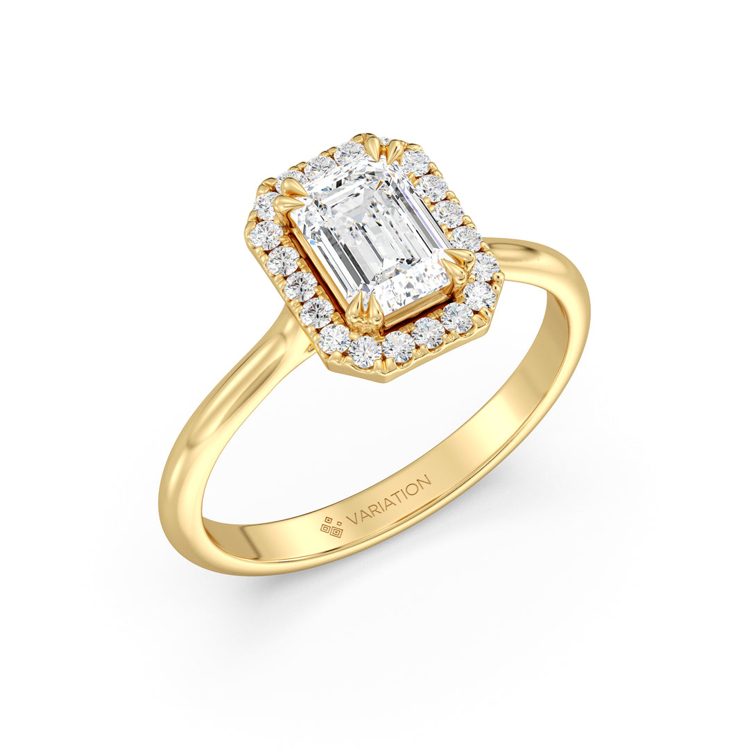 Emerald Cut Lab Grown Diamond Halo Engagement Ring with Scalloped Halo in 18K Yellow Gold