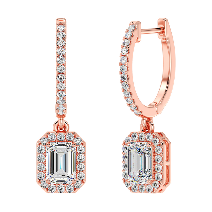 Emerald Cut Lab Grown Diamond Halo Hoop Earrings in 18K Rose Gold