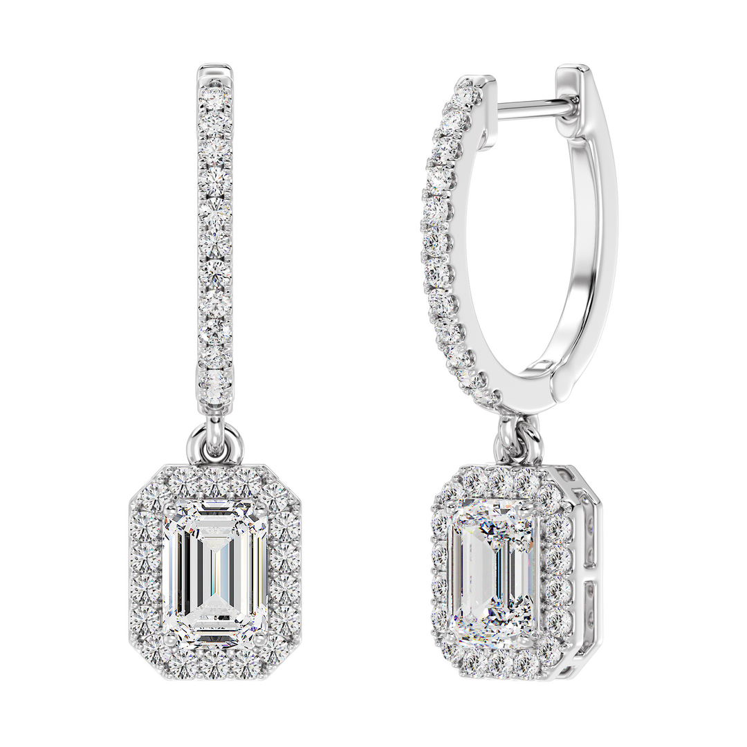 Emerald Cut Lab Grown Diamond Halo Hoop Earrings in 18K White Gold