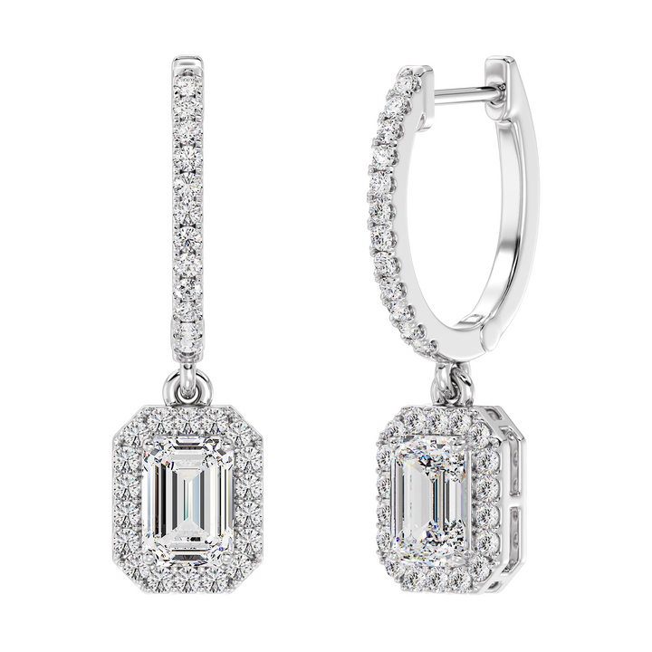 Emerald Cut Lab Grown Diamond Halo Hoop Earrings in 18K White Gold