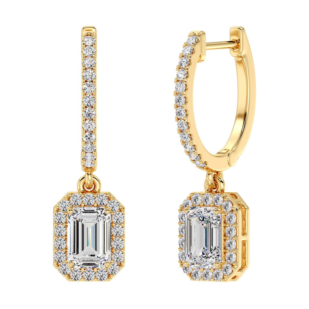 Emerald Cut Lab Grown Diamond Halo Hoop Earrings in 18K Yellow Gold