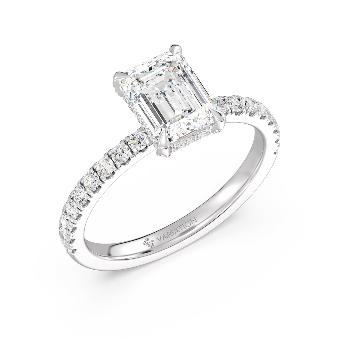 Emerald Cut Lab Grown Diamond Hidden Halo Engagement Ring in 18K White Gold