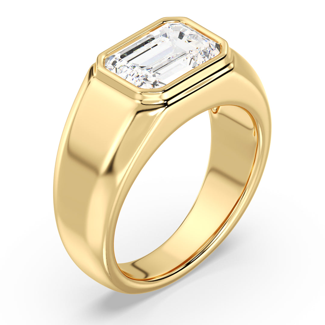 Emerald cut lab grown diamond men's bezel signet ring in 18K yellow gold featuring a 3.00 ct IGI certified diamond.