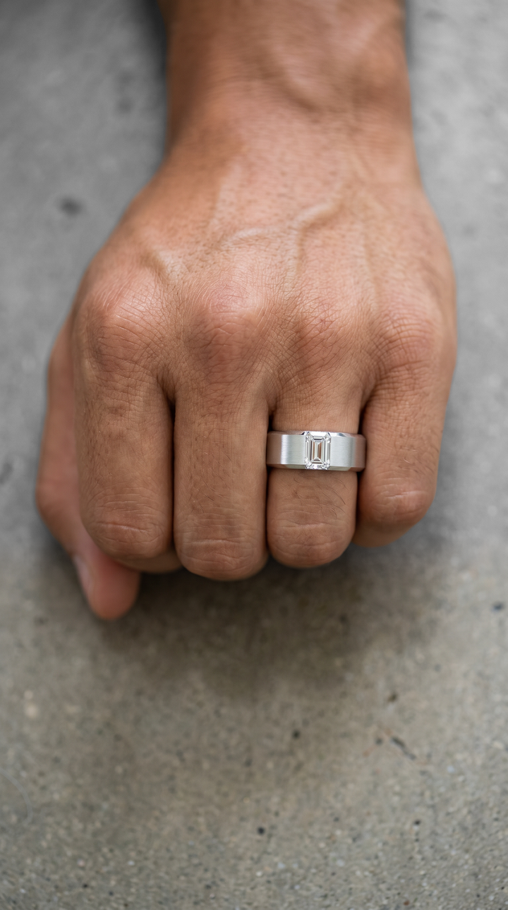 Emerald Cut Lab Grown Diamond Platinum Signet Ring with Flush Set Modern Design