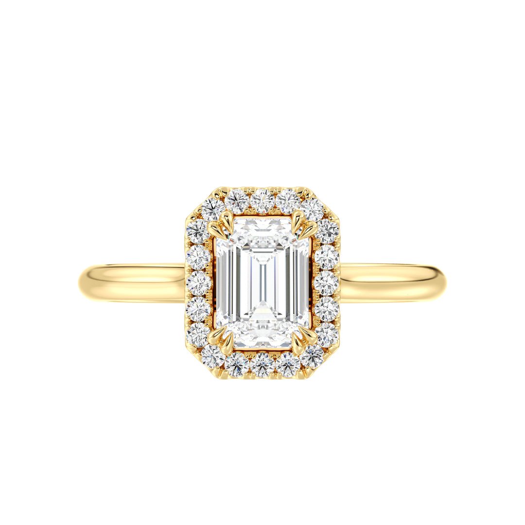Emerald Cut Lab Grown Diamond Ring with Hall of Mirrors Effect and Halo in 18K Yellow Gold