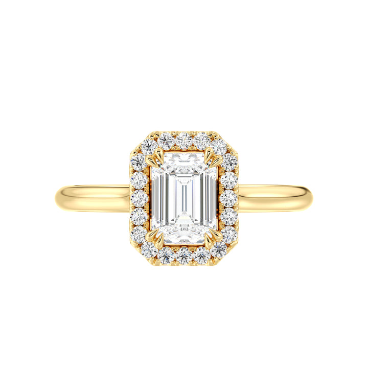Emerald Cut Lab Grown Diamond Ring with Hall of Mirrors Effect and Halo in 18K Yellow Gold