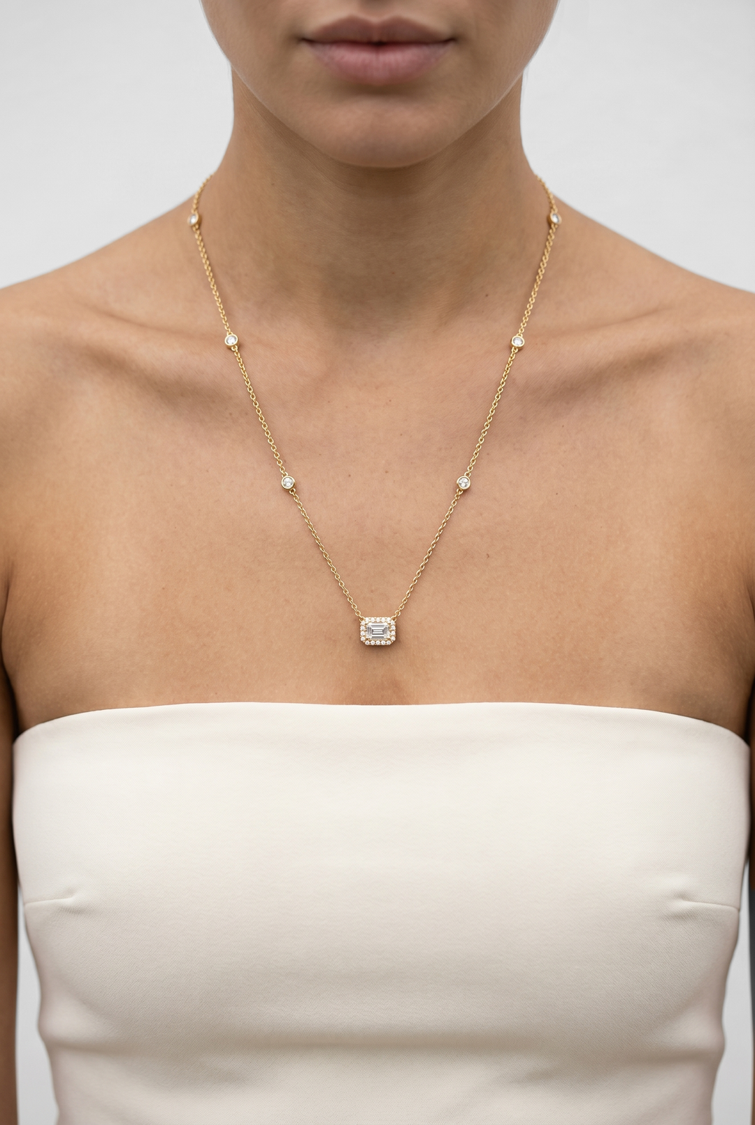 Emerald Cut Lab Grown Diamond Station Necklace in 18K Yellow Gold