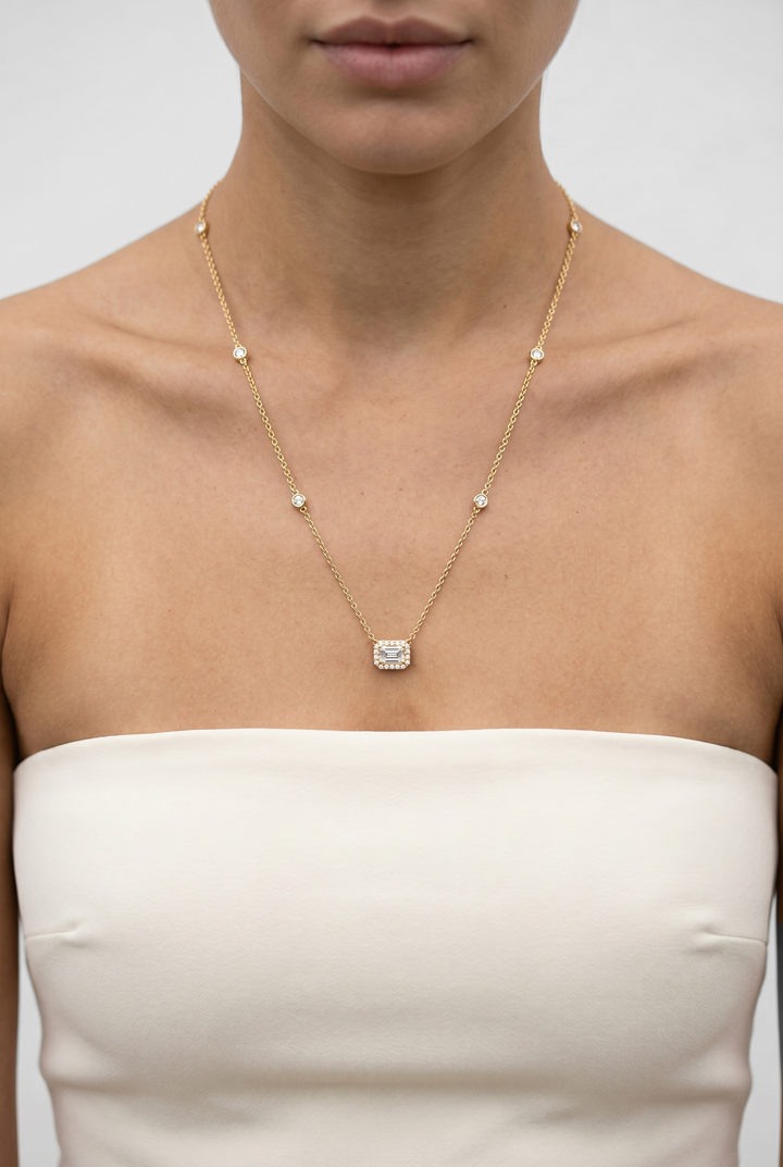 Emerald Cut Lab Grown Diamond Station Necklace in 18K Yellow Gold