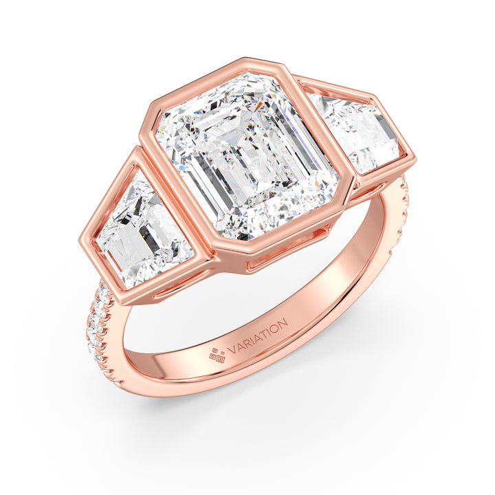 Emerald Cut Lab Grown Diamond Three-Stone Engagement Ring with Trapezoid Side Stones in 18K Rose Gold