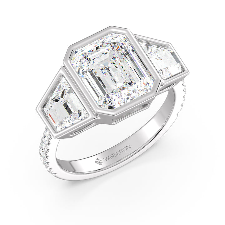 Emerald Cut Lab Grown Diamond Three-Stone Engagement Ring with Trapezoid Side Stones in 18K White Gold