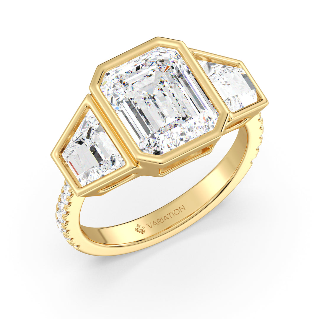 Emerald Cut Lab Grown Diamond Three-Stone Engagement Ring with Trapezoid Side Stones in 18K Yellow Gold