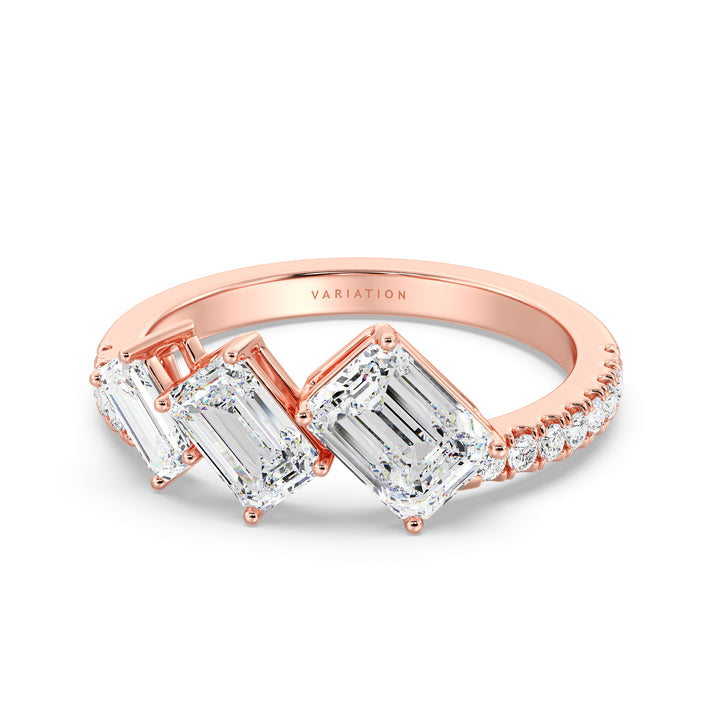 Emerald Cut Lab Grown Diamond Three Stone Halo Wedding Ring in 18K Rose Gold