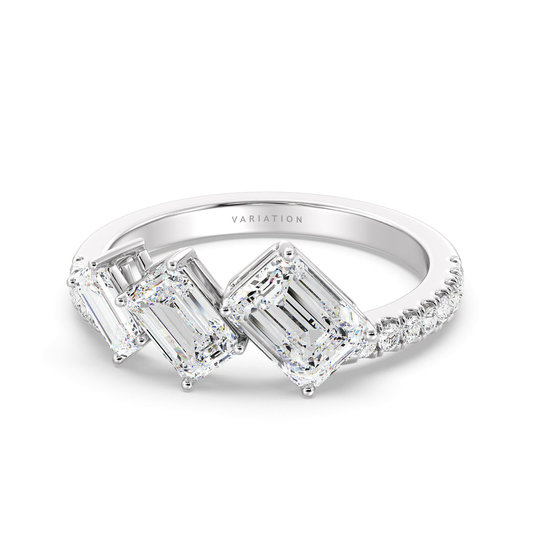 Emerald Cut Lab Grown Diamond Three Stone Halo Wedding Ring in 18K White Gold