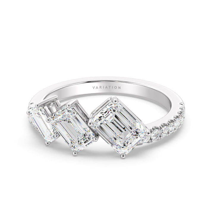 Emerald Cut Lab Grown Diamond Three Stone Halo Wedding Ring in 18K White Gold