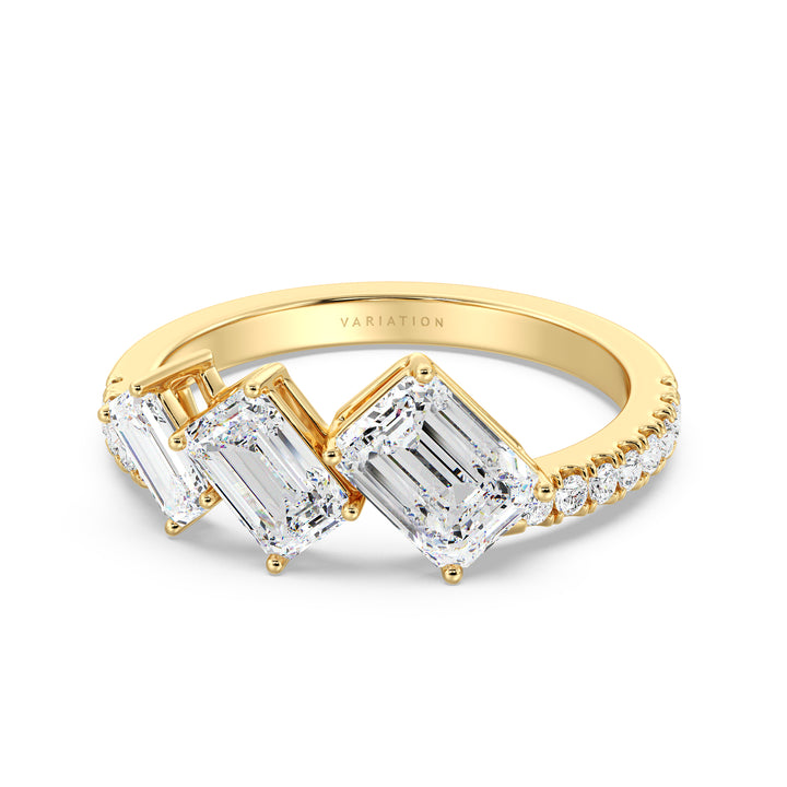 Emerald Cut Lab Grown Diamond Three Stone Halo Wedding Ring in 18K Yellow Gold