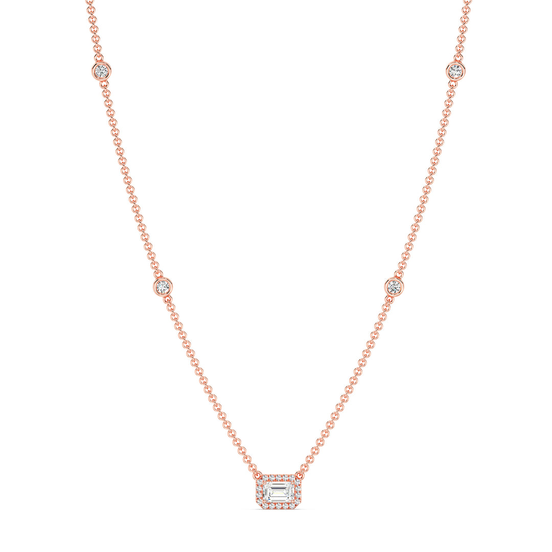 Emerald Diamond Accent Bezel Station Necklace in 18K Rose Gold