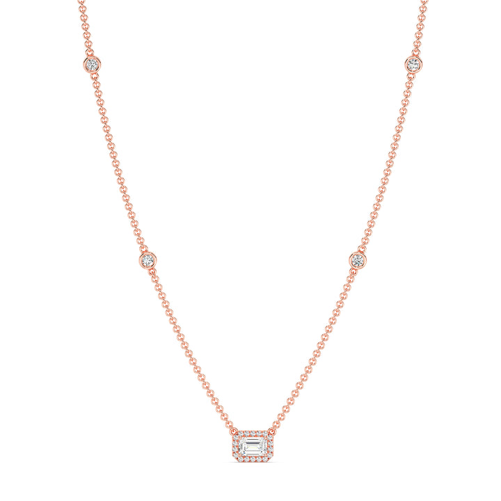 Emerald Diamond Accent Bezel Station Necklace in 18K Rose Gold