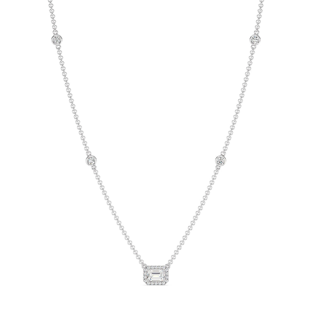 Emerald Diamond Accent Bezel Station Necklace in 18K White Gold