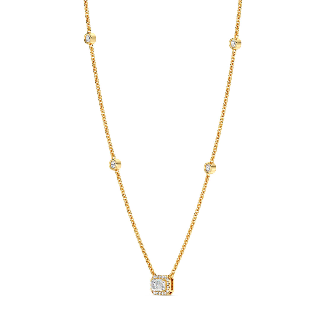 Emerald Diamond Necklace with Round Accent Diamonds in 18K Yellow Gold