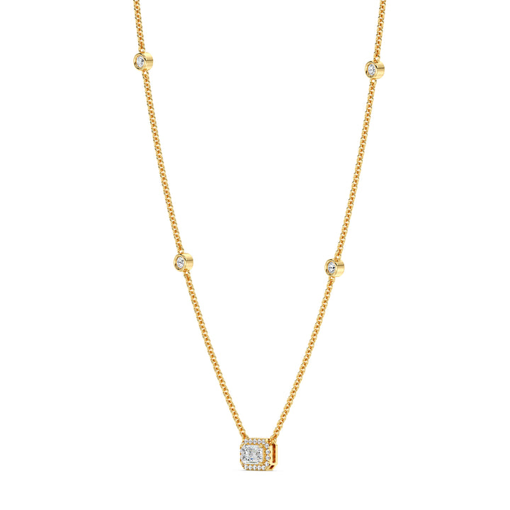 Emerald Diamond Necklace with Round Accent Diamonds in 18K Yellow Gold