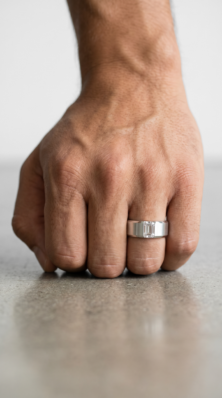 Geometric Platinum Signet Ring Featuring a 0.56 Ct Emerald Cut Diamond