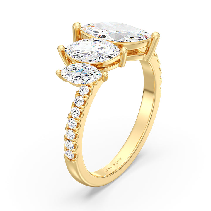 Graduated Marquise Diamond Three Stone Ring with Accent Diamonds in Yellow Gold