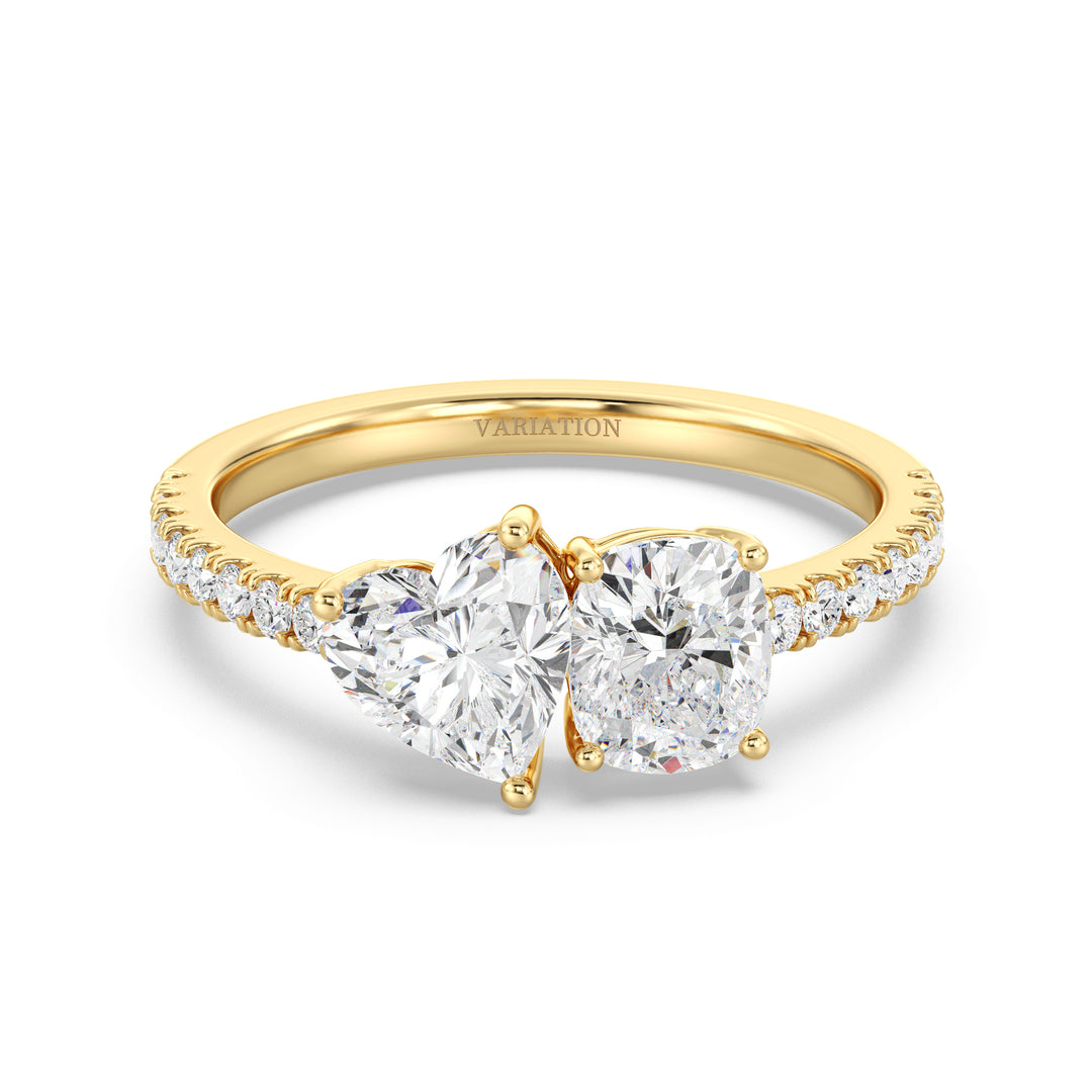 Heart and Cushion Cut Lab Grown Diamond Toi et Moi Ring in 18K Yellow Gold