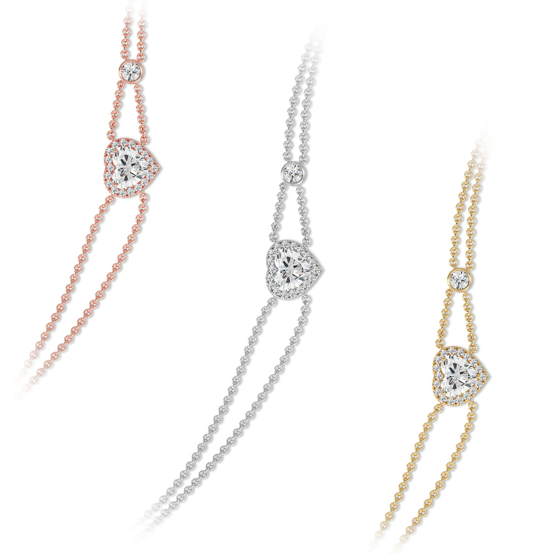 Heart Cut Lab Grown Diamond Double Chain Halo Bracelet in Yellow Gold White Gold and Rose Gold