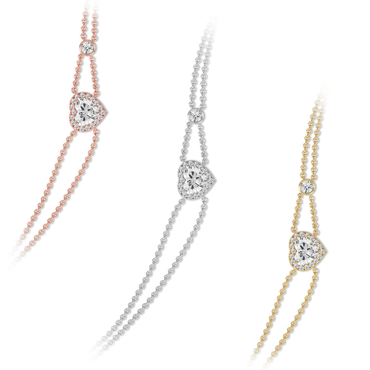 Heart Cut Lab Grown Diamond Double Chain Halo Bracelet in Yellow Gold White Gold and Rose Gold