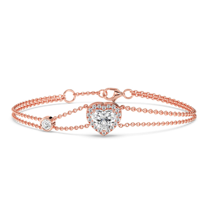 Heart Cut Lab Grown Diamond Double Chain Halo Bracelet in 18K Rose Gold