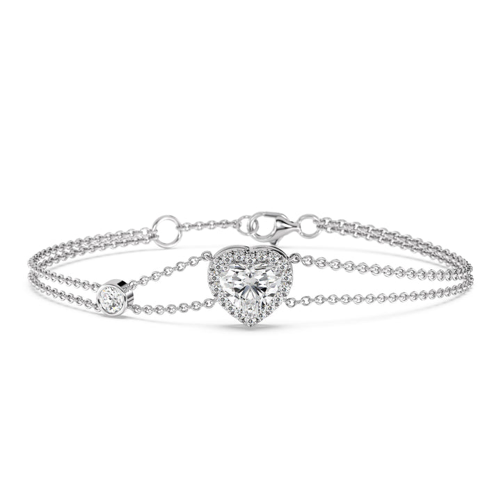 Heart Cut Lab Grown Diamond Double Chain Halo Bracelet in 18K White Gold