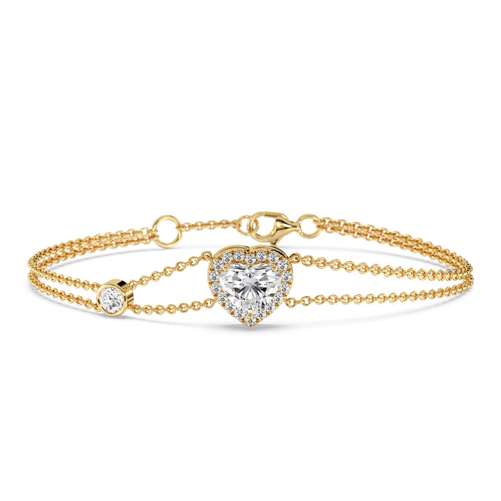 Heart Cut Lab Grown Diamond Double Chain Halo Bracelet in 18K Yellow Gold